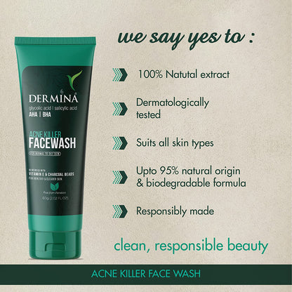 Dermina Acne Killer Facewash with Glycolic Acid, , Vitamin Pack of - 2