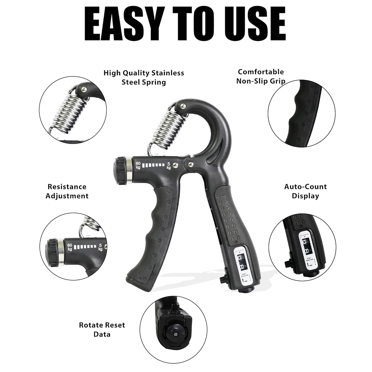 Premium Counter 10Kg To 60Kg Weight Adjustable Professional Counter Hand Gripper for Men & Women | Counter Hand Grip|Finger Exerciser|Power Gripper|Black Color|