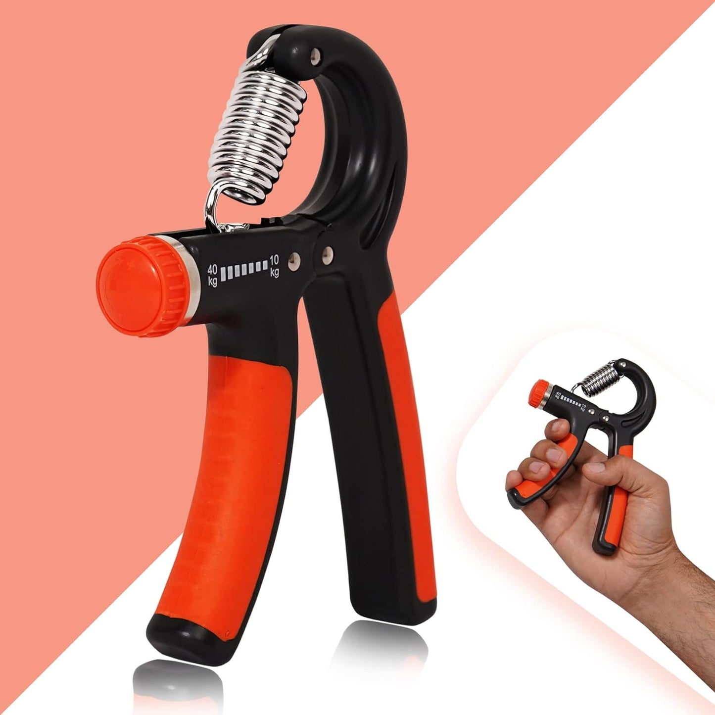 Premium Hand Grip Strengthener, Hand Exerciser Adjustable Resistance 10 To 40Kg, Grip Strength Trainer, Hand Gripper, Forearm Workout Training Equipment for Injury Recovery Athletes (Orange & Black)
